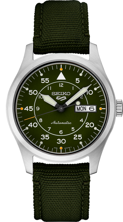 Steel wristwatch on green dial and green nylon band