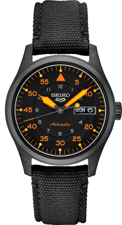 black steel wrist watch on black dial  with orange hues and black nylon band