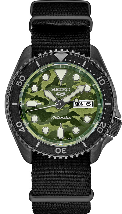 black design wristwatch with camouflage dial