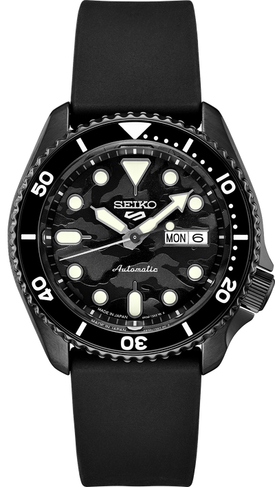 black steel wristwatch on camouflaged dial