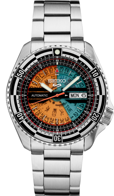 steel wristwatch on Translucent orange and teal dial offering a view of the day/date disk