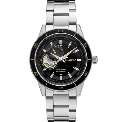 Steel Watch with Black partial open dial on steel bracelet