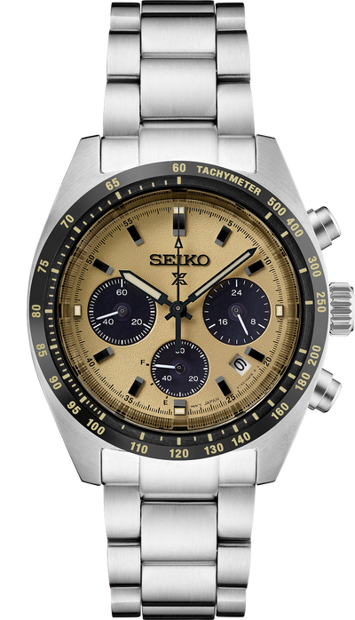 steel wristwatch with yellow dial and black chrono sub dials on steel bracelet