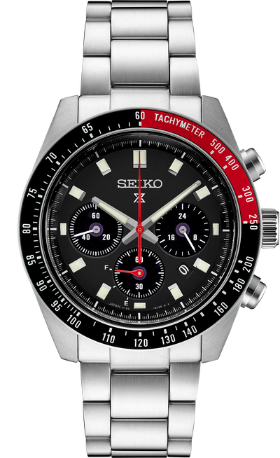 steel wristwatch with chrono dial black and red