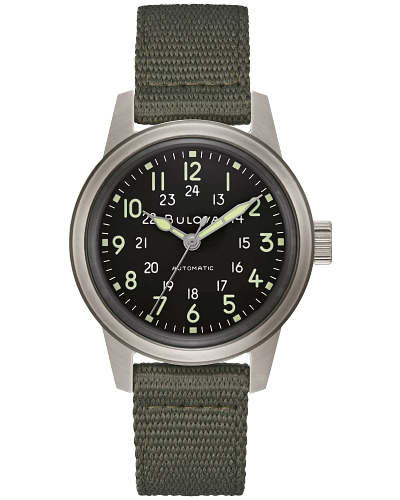 Steel Wrist watch on black dial with green nylon band