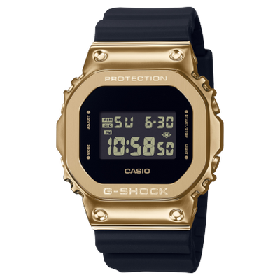 gold tone digital wristwatch on black resin band