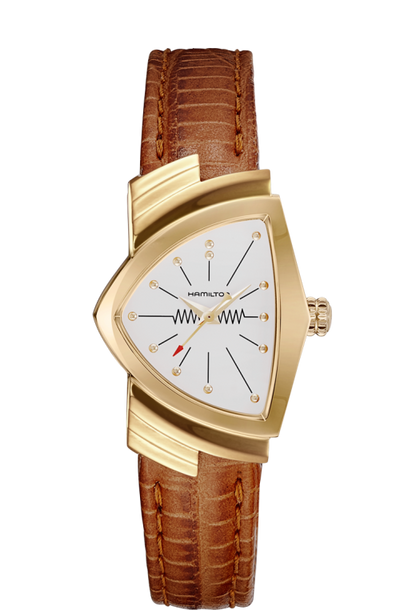 Gold color wristwatch on white dial and brown leather band