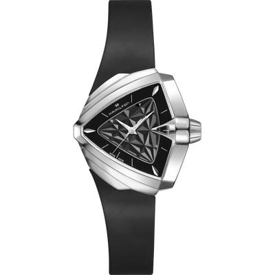 steel wristwatch shaped like a triangle with black rubber band