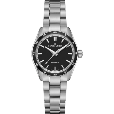 Steel wristwatch on black dial and steel bracelet