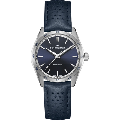 steel wristwatch on blue dial and blue perforated strap