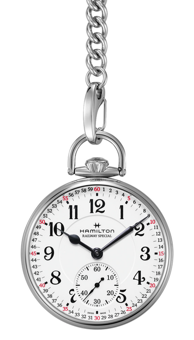 steel pocket watch with white dial and steel chain