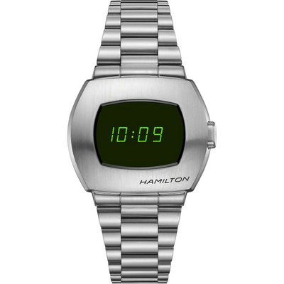 steel wristwatch with green digital display