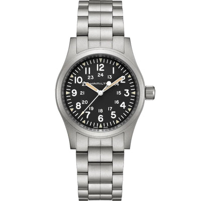 Steel wrist watch on black dial and steel bracelet