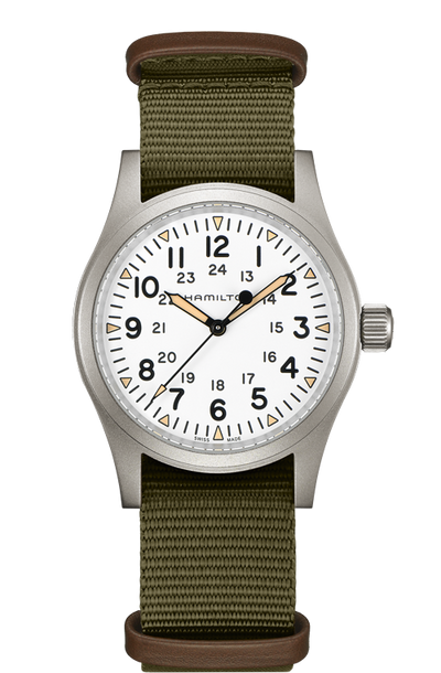 wrist watch white dial steel case and green band 