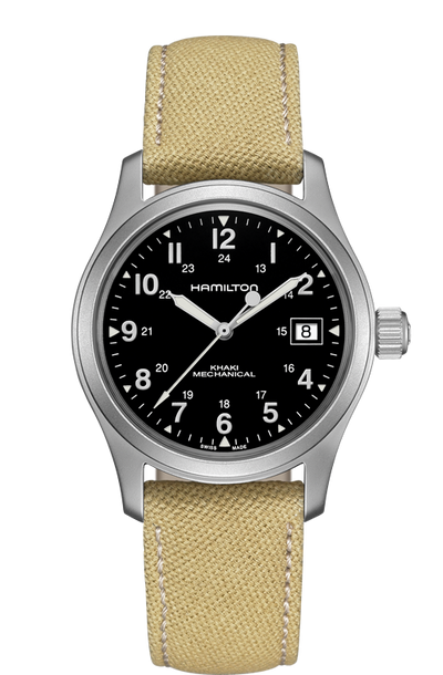 wrist watch steel case black dial and tan band