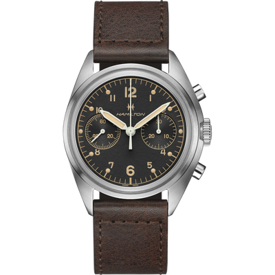 steel wristwatch on brown dial with chronograph on brown leather band