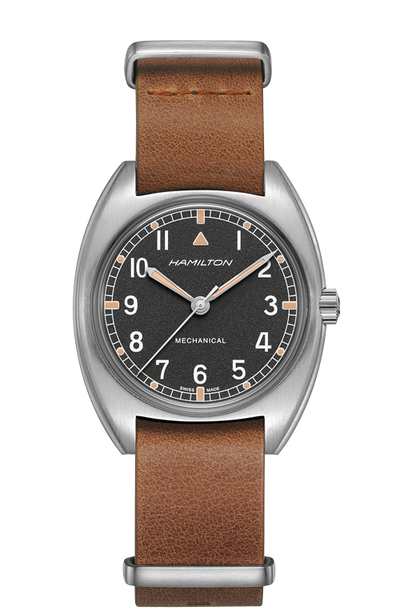 wrist watch steel case brown leather band and black dial
