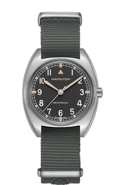 wrist watch steel case grey band and black dial 