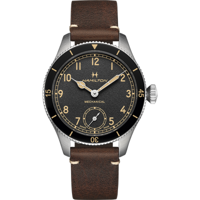 steel wristwatch on black dial and brown band