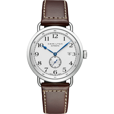 Steel wristwatch with silver dial and dark brown leather band