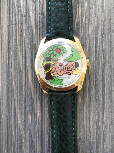 gold plated wrist watch green leather band white dial with adam and eve image 