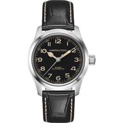 Steel wristwatch on black dial and black leather band 