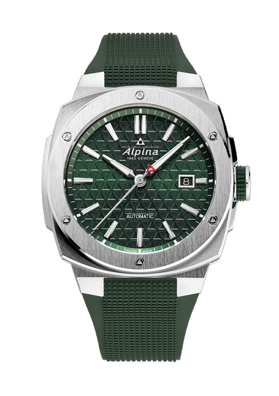 steel wristwatch on green dial and green rubber band