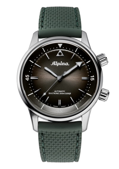 steel wristwatch with dark gray dial on green strap